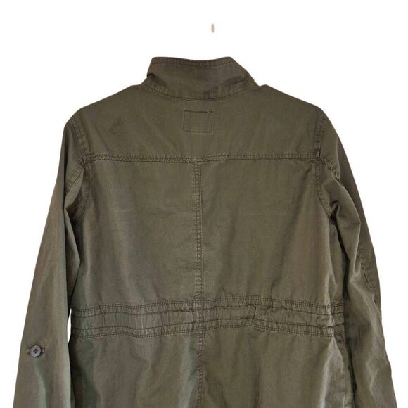 St. John's Bay Women's Khaki Green Distressed Cotton Jacket w Roll Tab Sleeves - Picture 6 of 12